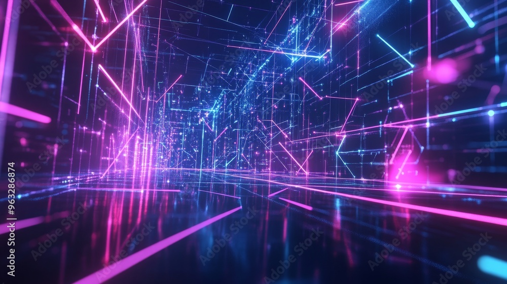 Fototapeta premium High-tech data network, glowing with neon lines and geometric nodes,