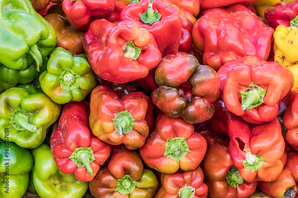 sweet, bell, green and red pepper at the farmers market sweet, bell, green and red pepper at the farmers market