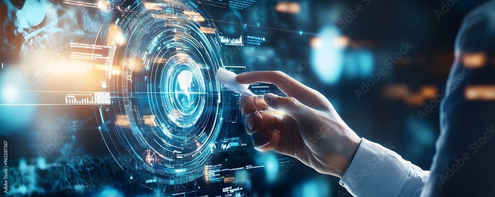 Hand interacting with futuristic digital interface. Hand interacting with futuristic digital interface.