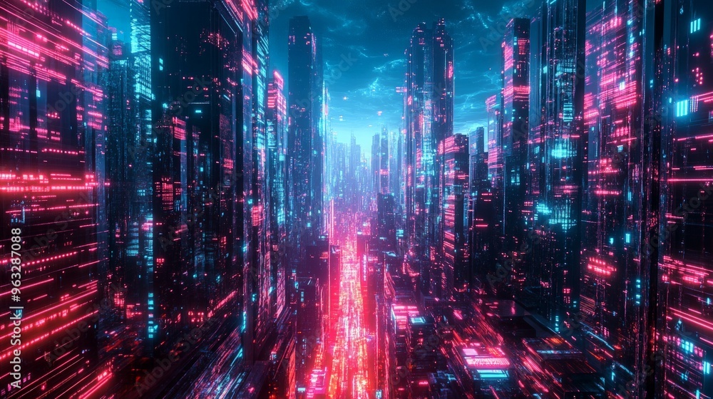 Fototapeta premium Surreal neon city with towering holographic data bars,