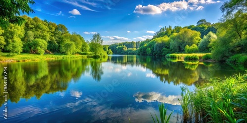Tranquil lake surrounded by lush greenery in a national park, national park, serene, nature, landscape, water, reflection