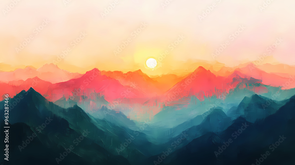 Majestic mountains glowing in sunset hues, impressionistic oil painting style, thick and bold strokes, warm pink and orange tones, hand-painted texture. Impressionistic. Illustration Majestic mountains glowing in sunset hues, impressionistic oil painting style, thick and bold strokes, warm pink and orange tones, hand-painted texture. Impressionistic. Illustration