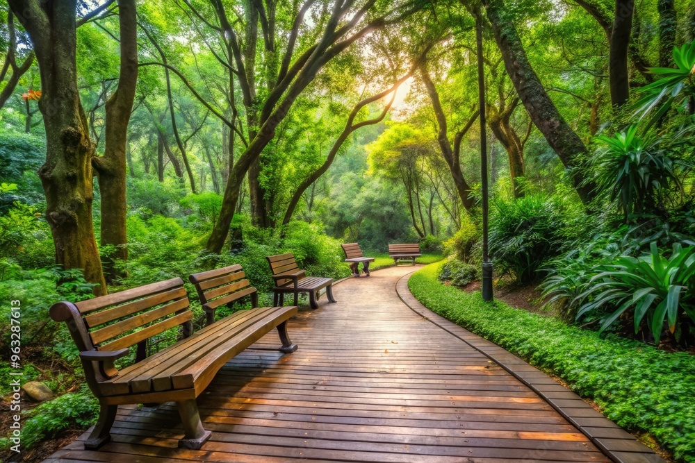 Tranquil forest reserve walkway with rustic wooden benches and lush greenery Tranquil forest reserve walkway with rustic wooden benches and lush greenery