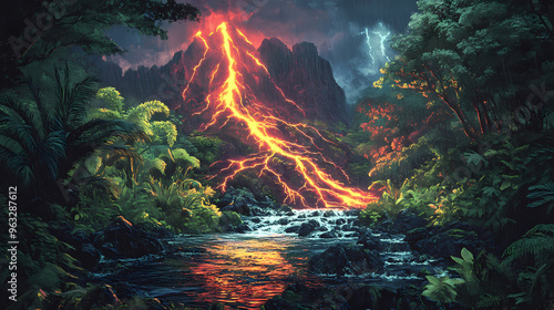 Marvel at the volcanic lightning illuminating a stream with a vibrant fish population, a dance of light and life. Volcanic. Illustration photo