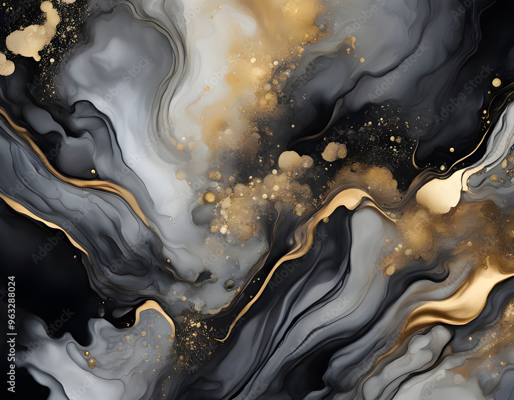 Luxury abstract fluid art painting in alcohol ink technique, mixture of gray, black gold paints background