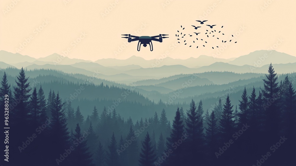 High-tech drone scattering seeds over a clear-cut forest area while trees are beginning to grow back in the distance Flat design Vector look Digital art Large space for text in center Stock Photo High-tech drone scattering seeds over a clear-cut forest area while trees are beginning to grow back in the distance Flat design Vector look Digital art Large space for text in center Stock Photo