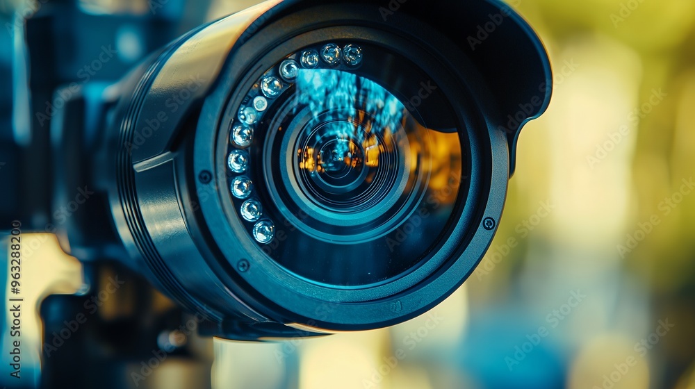 Close up of a black security camera lens with infrared lights. Close up of a black security camera lens with infrared lights.