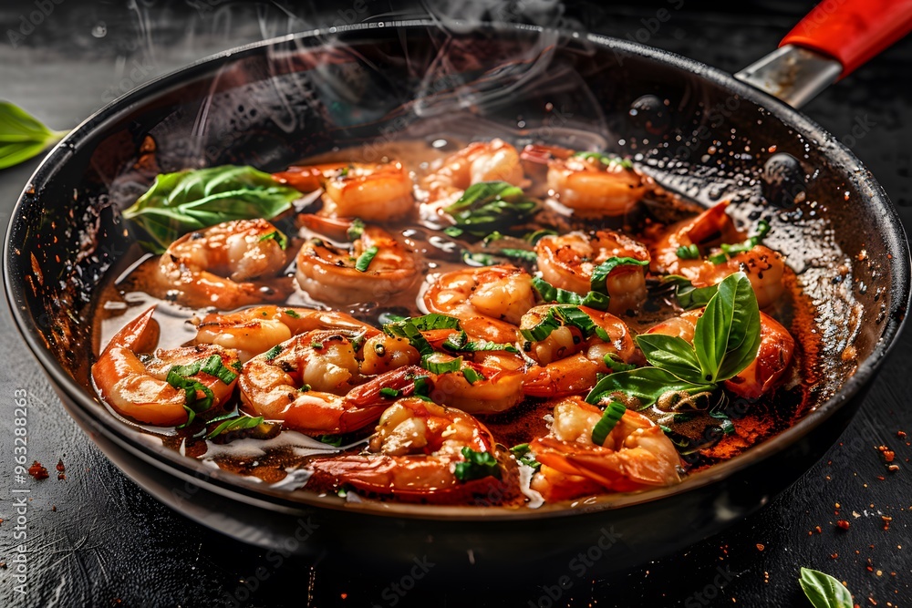 Succulent shrimp cooked in a savory garlic sauce, garnished with fresh basil. Succulent shrimp cooked in a savory garlic sauce, garnished with fresh basil.