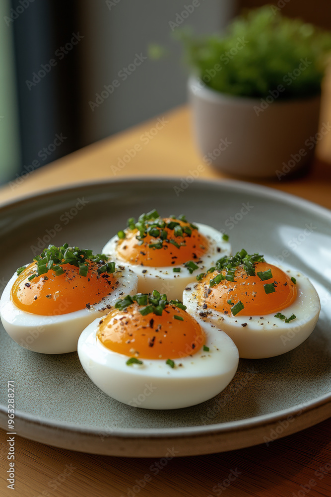 Deliciously prepared eggs served on a plate, garnished with herbs for a fresh and appealing culinary presentation. Deliciously prepared eggs served on a plate, garnished with herbs for a fresh and appealing culinary presentation.