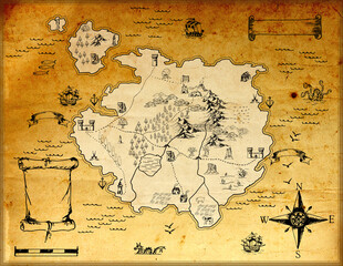 Old hand drawn vintage fantasy map with symbols on aged paper