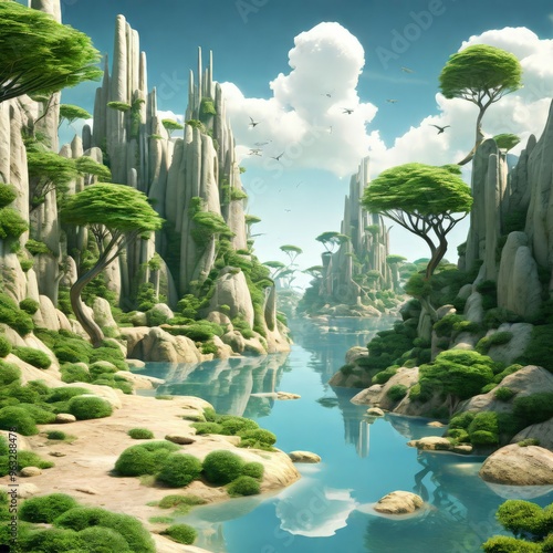 Fantasy landscape with a river in the forest