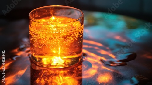 Glass of Golden Liquid with Bubbles and Reflection