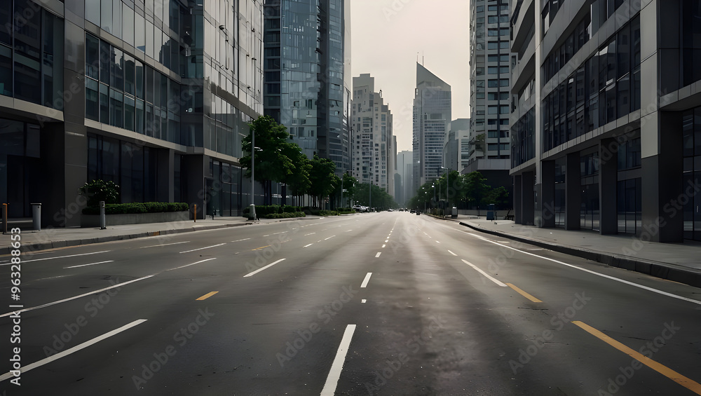 Close up clean empty road on modern office of city building buildings. AI generated image.
Close up clean empty road on modern office of city building buildings. AI generated image.