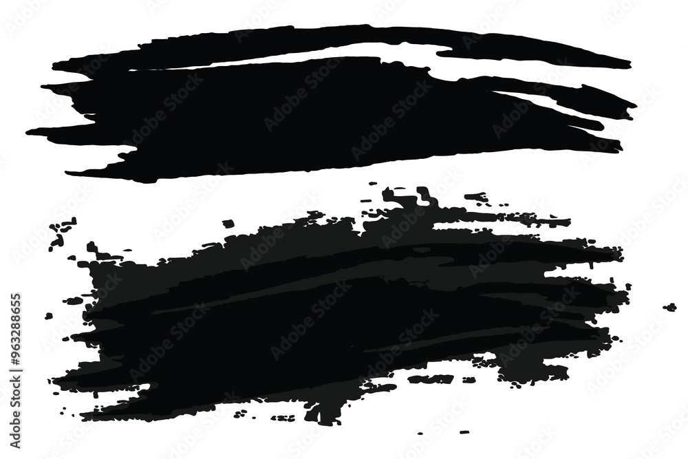 Set of two abstract black ink brush stroke designs on white background ideal for grunge textures, artistic backgrounds, web design elements, and digital projects. Set of two abstract black ink brush stroke designs on white background ideal for grunge textures, artistic backgrounds, web design elements, and digital projects.