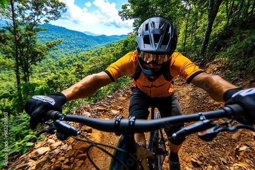 Adventurous mountain biking, rugged trails, adrenaline rush pushes you to navigate challenging terrain and feel the rush of downhill speed photo