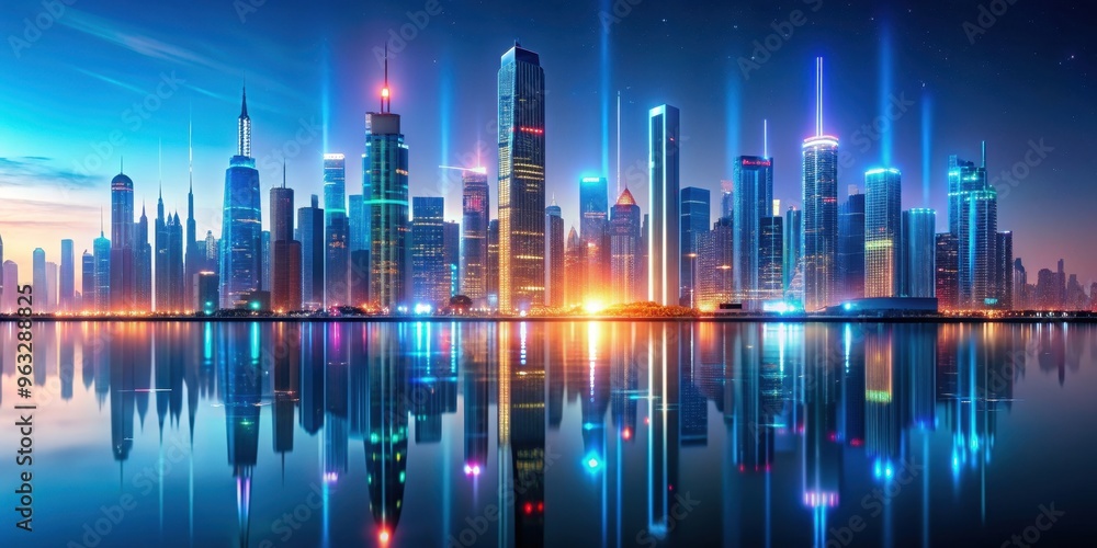 Futuristic geometric skyline reflected in glowing metropolis landscape, futuristic, geometric, skyline, reflection Futuristic geometric skyline reflected in glowing metropolis landscape, futuristic, geometric, skyline, reflection