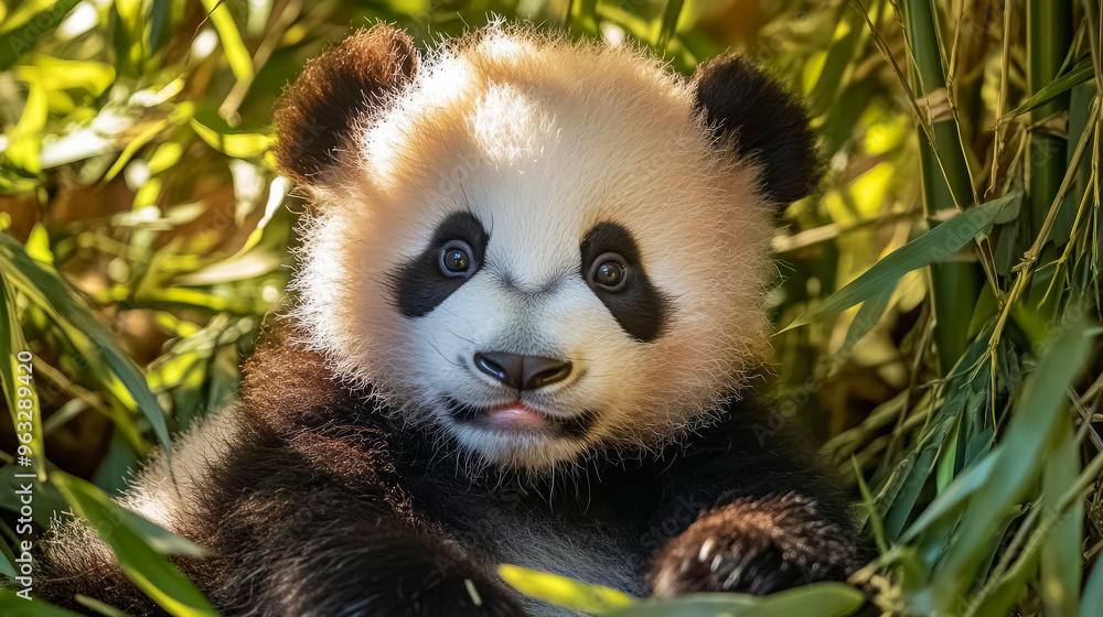 Fototapeta premium Curious Panda Cub Hiding In Bamboo Forest
