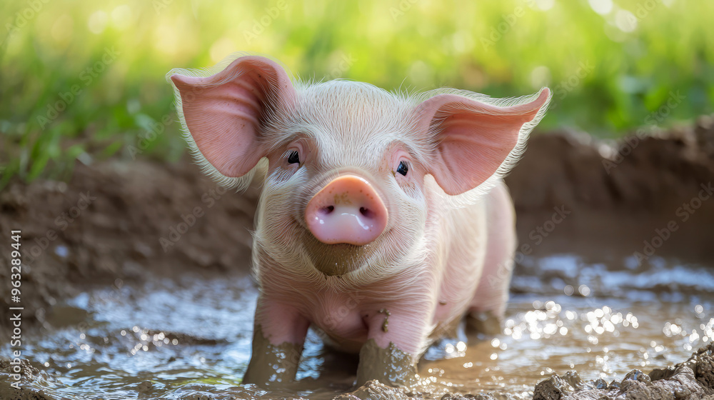 Cute piglet playing in mud puddle. adorable farm animal enjoying a muddy bath. perfect for spring or summer projects. Cute piglet playing in mud puddle. adorable farm animal enjoying a muddy bath. perfect for spring or summer projects.