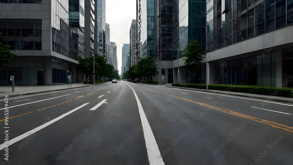 Close up clean empty road on modern office of city building buildings. AI generated image.
Close up clean empty road on modern office of city building buildings. AI generated image.