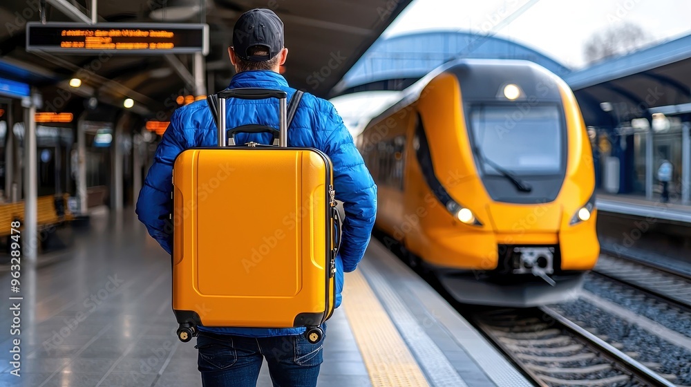 Fototapeta premium A traveler at a train station observes an approaching yellow train, ready for the journey ahead with a stylish yellow suitcase.