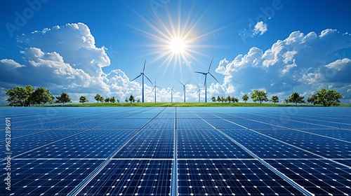 Solar panels stretching across a field with wind turbines in the distance under a bright sun Flat design Vector look Digital art Large space for text in center Stock Photo with copy space