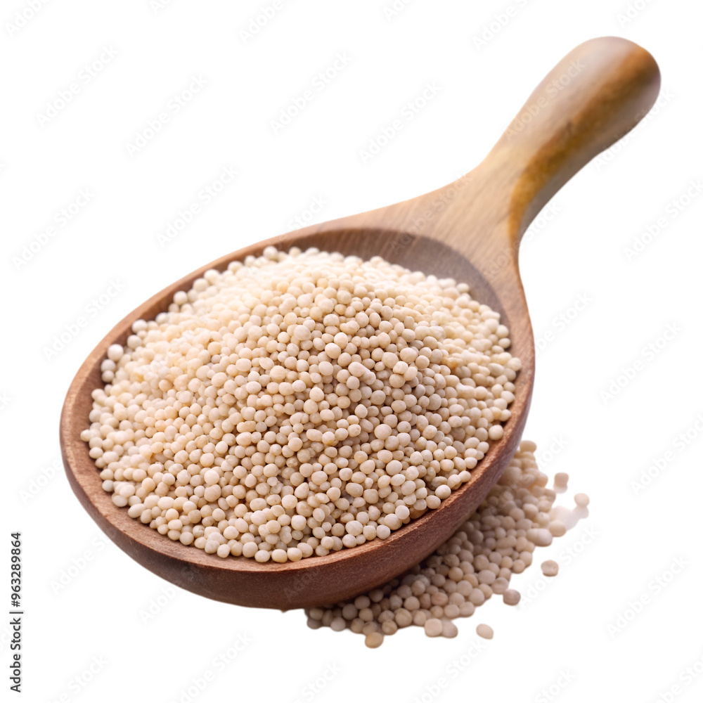 White quinoa grain on wooden spoon isolated on transparent background White quinoa grain on wooden spoon isolated on transparent background