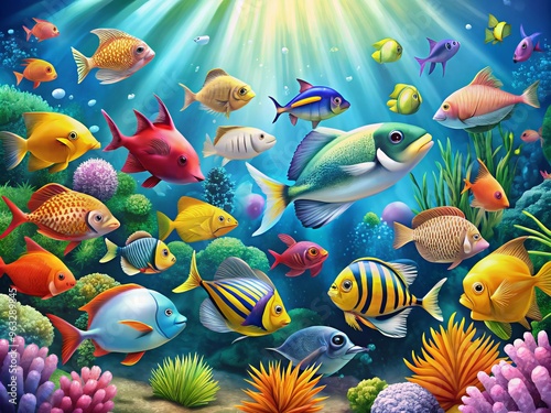 Underwater Fish School Illustrations Color Ocean Life Concept Aquatic Icons photo