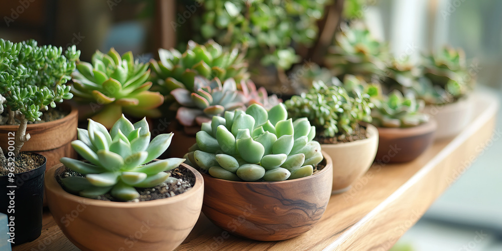 Minimal Green Oasis: A small indoor garden with succulents in planters, surrounded by natural wood furniture. Minimal Green Oasis: A small indoor garden with succulents in planters, surrounded by natural wood furniture.