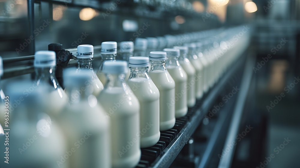 A selective focus shot of milk bottling factory A selective focus shot of milk bottling factory