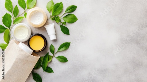 This flat lay features a beige tote bag filled with natural beauty products surrounded by vibrant green leaves, offering ample space for branding or text placement