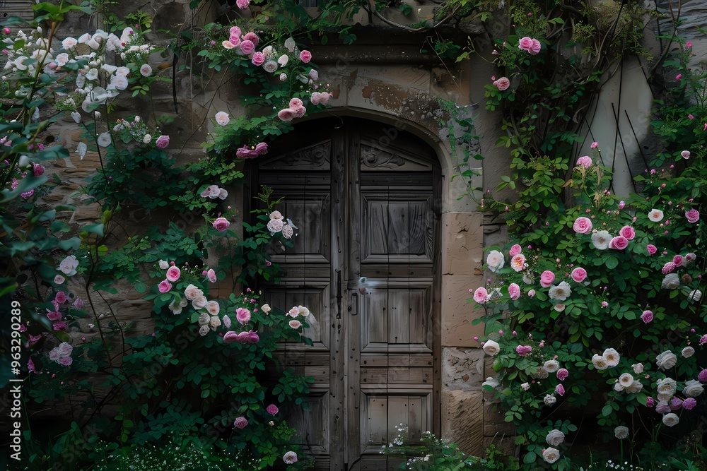 Charming wooden door adorned with blooming rose vines in soft pink hues. Charming wooden door adorned with blooming rose vines in soft pink hues.