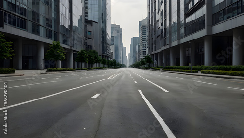 Close up clean empty road on modern office of city building buildings. AI generated image.
