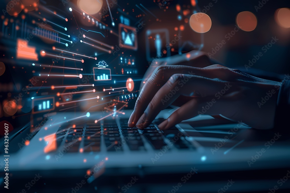 Close-up of a hand typing on a laptop, with digital data visualization overlay. Close-up of a hand typing on a laptop, with digital data visualization overlay.