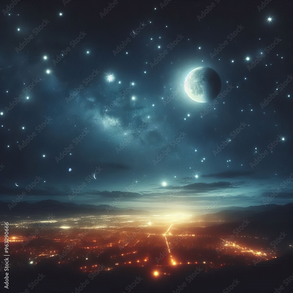 A breathtaking view of a starry night sky, with the moon and stars shining brightly above a cityscape lit by countless streetlights. The scene captures the contrast between the natural beauty of the A breathtaking view of a starry night sky, with the moon and stars shining brightly above a cityscape lit by countless streetlights. The scene captures the contrast between the natural beauty of the