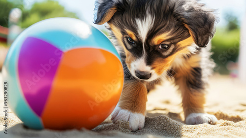 Cute Puppy Playing With A Colorful Beach Ball On The Sand.