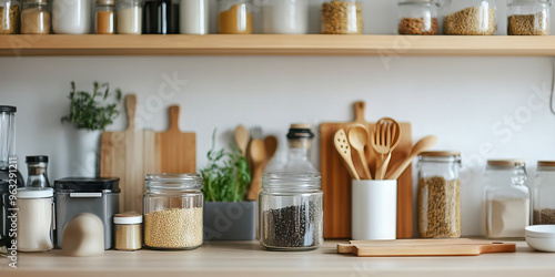 Zero-Waste Kitchen Essentials: A minimal kitchen with compost bins, reusable containers, and eco-friendly cooking utensils.