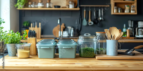 Wallpaper Mural Zero-Waste Kitchen Essentials: A minimal kitchen with compost bins, reusable containers, and eco-friendly cooking utensils. Torontodigital.ca