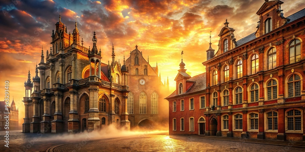 Naklejka premium Spectacular Baroque architecture majestic Gothic details rusty red brickwork warm golden light ethereal misty atmosphere soft focus serene tranquil majesty ancient history divine beauty