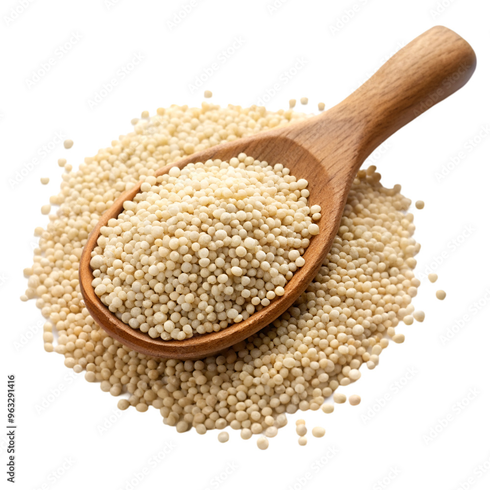 White quinoa grain on wooden spoon isolated on transparent background White quinoa grain on wooden spoon isolated on transparent background