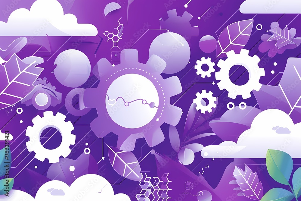 Fototapeta premium A vibrant purple illustration featuring gears and nature elements.