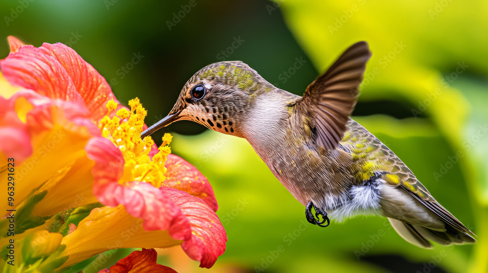 Naklejka premium Hummingbird Feeding On A Bright Red Flower With A Blurry Green Background.