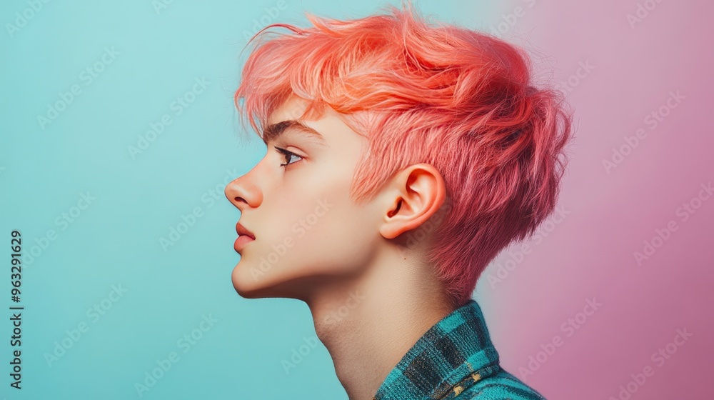 A vibrant pink-haired young man in profile view, paired with a soft pastel-colored background, merging modern fashion with subtle tones. A vibrant pink-haired young man in profile view, paired with a soft pastel-colored background, merging modern fashion with subtle tones.