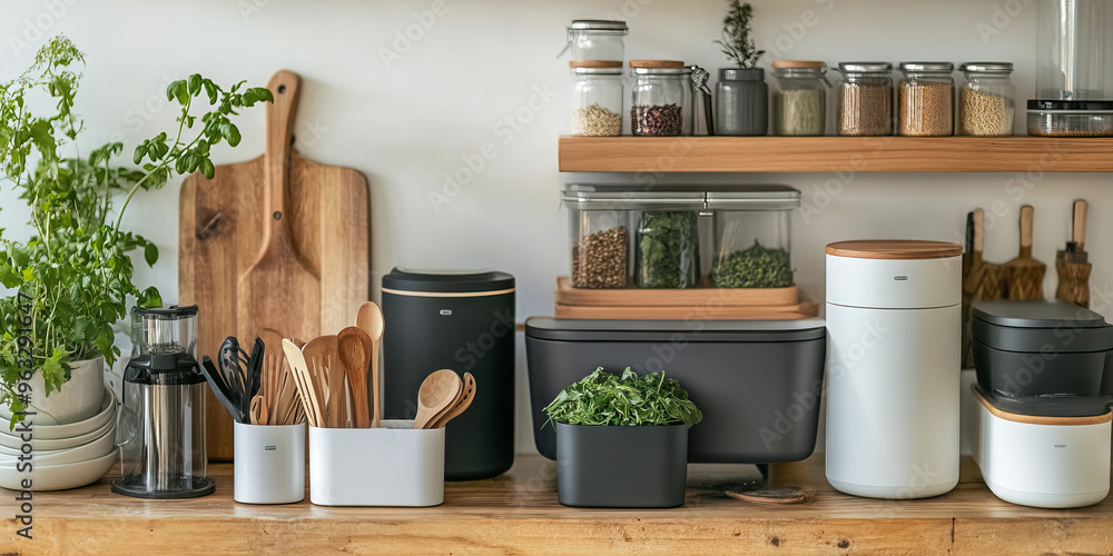 Zero-Waste Kitchen Essentials: A minimal kitchen with compost bins, reusable containers, and eco-friendly cooking utensils. Zero-Waste Kitchen Essentials: A minimal kitchen with compost bins, reusable containers, and eco-friendly cooking utensils.