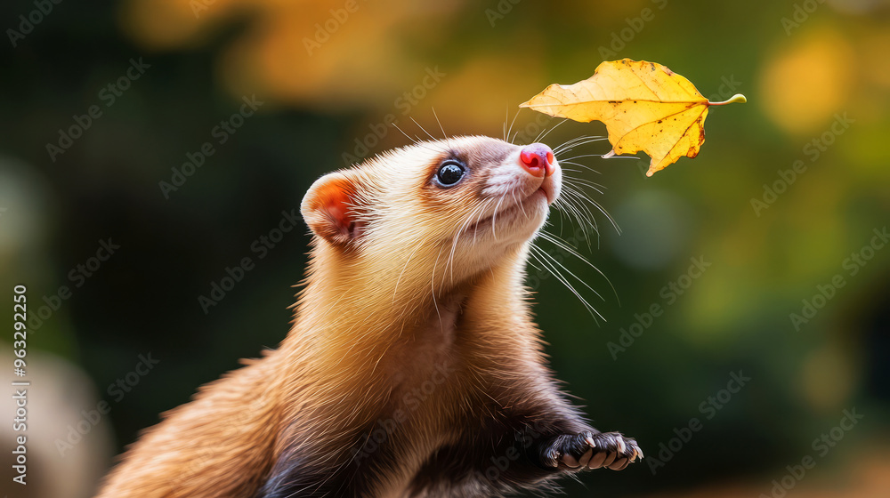 Cute Ferret Looking Up At A Falling Autumn Leaf. Perfect For Fall, Nature, And Animal Lovers. Cute Ferret Looking Up At A Falling Autumn Leaf. Perfect For Fall, Nature, And Animal Lovers.