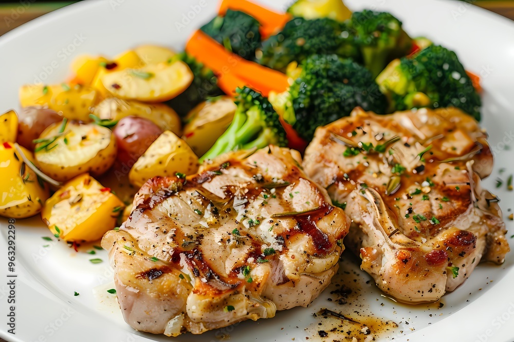 Grilled chicken with roasted potatoes and fresh steamed vegetables on a white plate. Grilled chicken with roasted potatoes and fresh steamed vegetables on a white plate.