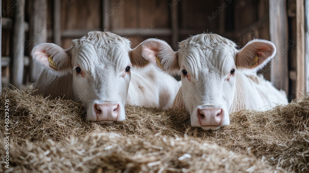 Barn scene with two white cows resting on a pile of hay, their large, calm eyes gazing softly toward the camera in a cozy, rural atmosphere. Barn scene with two white cows resting on a pile of hay, their large, calm eyes gazing softly toward the camera in a cozy, rural atmosphere.