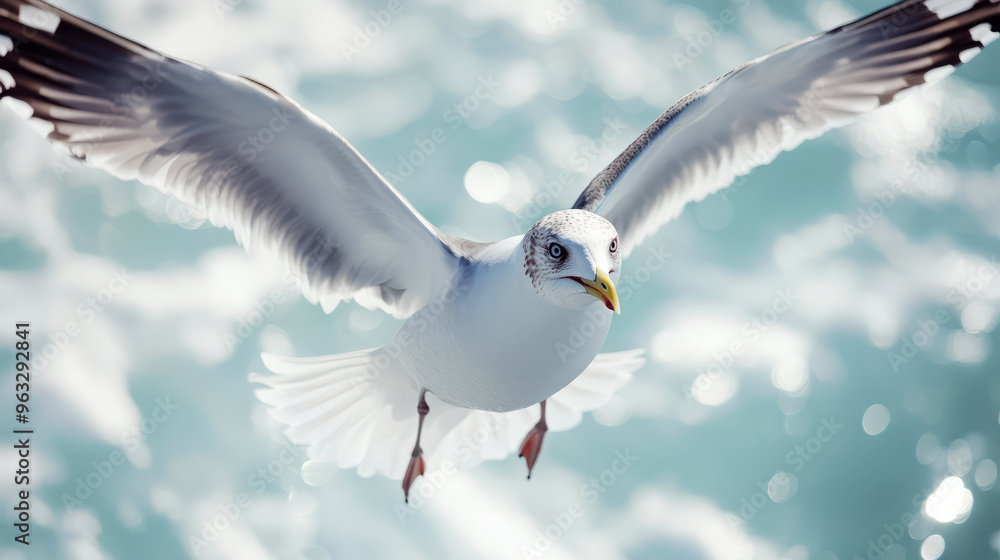 Seagull in flight with bokeh background. a stunning close-up of a seagull soaring through the air with a blurred background of water and sky. Seagull in flight with bokeh background. a stunning close-up of a seagull soaring through the air with a blurred background of water and sky.
