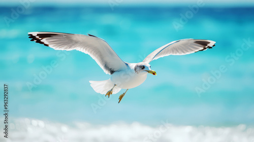 Seagull In Flight Over Blue Ocean Waves 