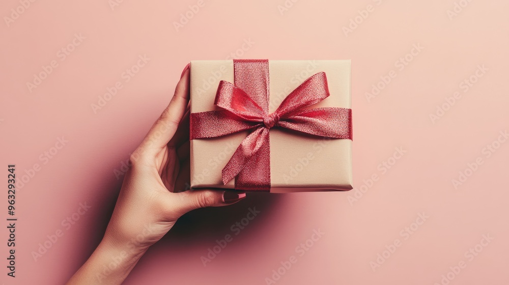 Close-up of a womans hand holding a gift box with an elegant bow, positioned against a soft-colored background, symbolizing generosity and celebration. Close-up of a womans hand holding a gift box with an elegant bow, positioned against a soft-colored background, symbolizing generosity and celebration.