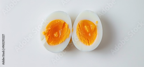 A hard boiled egg cut in half, showing the bright yellow yolk.